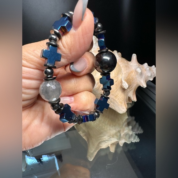 HEMATITE + QUARTZ NATURAL STONES  BRACELET size 7” - Picture 11 of 16